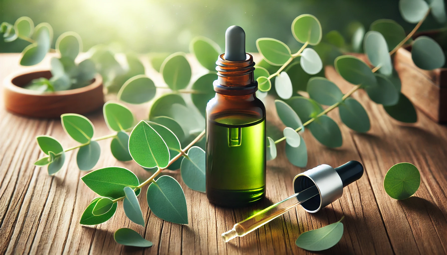 Imagen de un frasco sobbre una mesa para describir los beneficios del eucalipto.